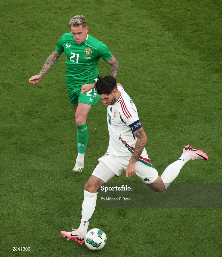 4 June 2024; Dominik Szoboszlai of Hungary in action against Sammie Szmodics of Republic of Ireland during the international friendly match between Republic of Ireland and Hungary at Aviva Stadium in Dublin. Photo by Michael P Ryan/Sportsfile