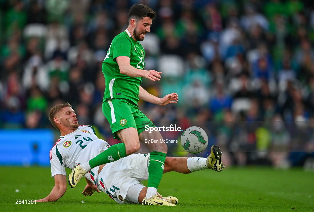4 June 2024; Finn Azaz of Republic of Ireland is tackled by Márton Dárdai of Hungary during the international friendly match between Republic of Ireland and Hungary at Aviva Stadium in Dublin. Photo by Ben McShane/Sportsfile