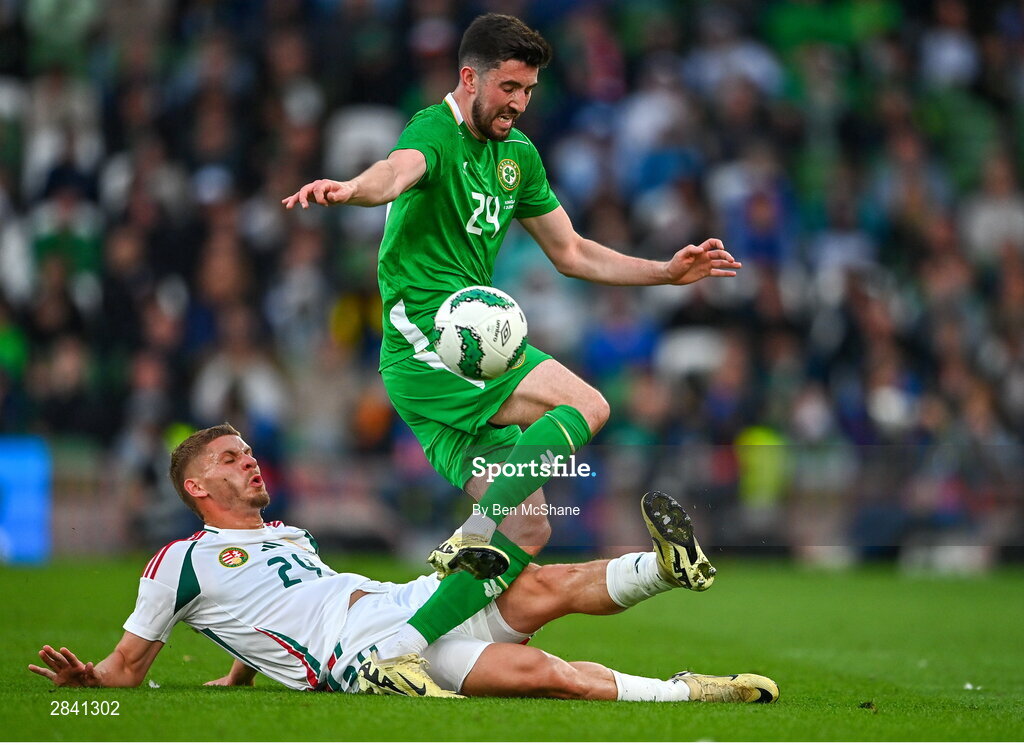 4 June 2024; Finn Azaz of Republic of Ireland is tackled by Márton Dárdai of Hungary during the international friendly match between Republic of Ireland and Hungary at Aviva Stadium in Dublin. Photo by Ben McShane/Sportsfile