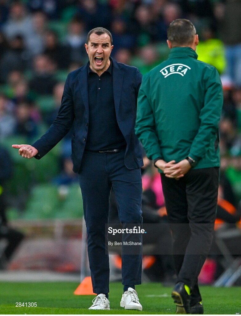 4 June 2024; Republic of Ireland interim head coach John O'Shea remonstrates with fourth official Paul Mclaughlin during the international friendly match between Republic of Ireland and Hungary at Aviva Stadium in Dublin. Photo by Ben McShane/Sportsfile