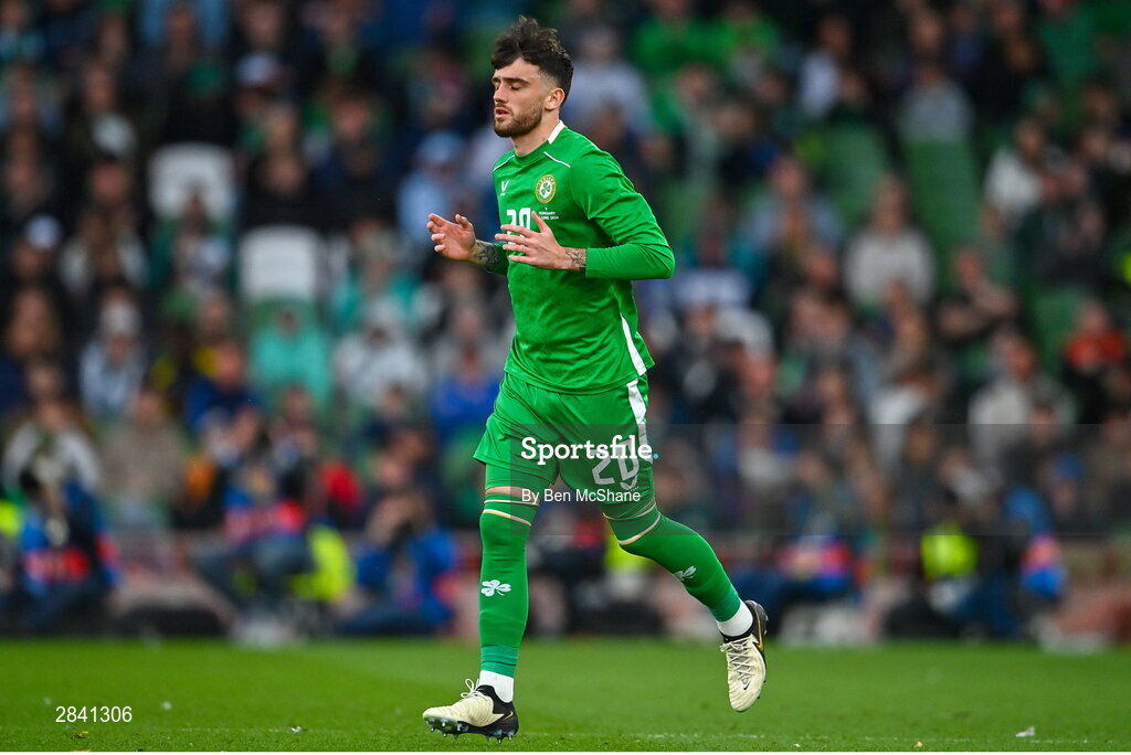 4 June 2024; Troy Parrott of Republic of Ireland runs on as a substitute during the international friendly match between Republic of Ireland and Hungary at Aviva Stadium in Dublin. Photo by Ben McShane/Sportsfile