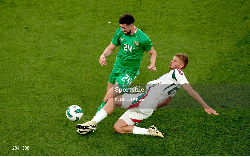 4 June 2024; Finn Azaz of Republic of Ireland is tackled by Márton Dárdai of Hungary during the international friendly match between Republic of Ireland and Hungary at Aviva Stadium in Dublin. Photo by Michael P Ryan/Sportsfile