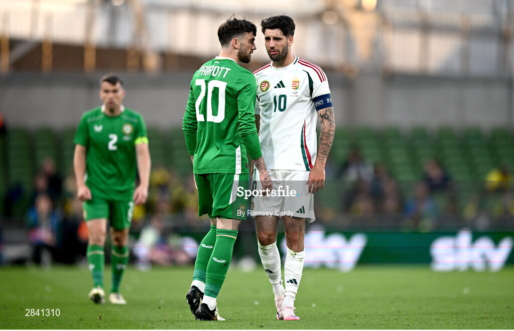 4 June 2024; Troy Parrott of Republic of Ireland and Dominik Szoboszlai of Hungary exchange words during the international friendly match between Republic of Ireland and Hungary at Aviva Stadium in Dublin. Photo by Ramsey Cardy/Sportsfile