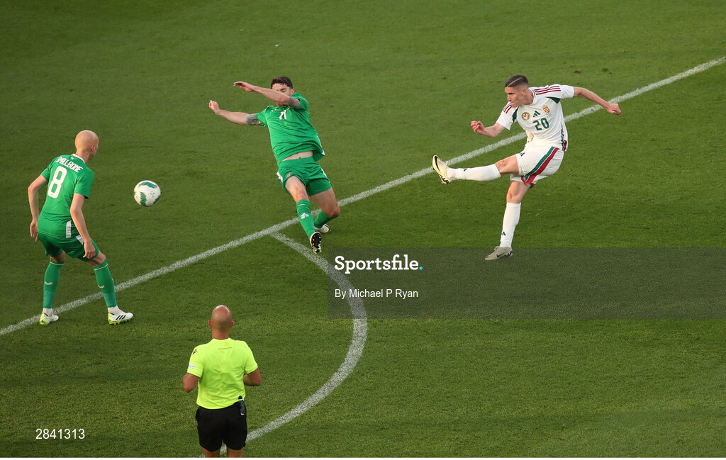 4 June 2024; Roland Sallai of Hungary has a shot on goal during the international friendly match between Republic of Ireland and Hungary at Aviva Stadium in Dublin. Photo by Michael P Ryan/Sportsfile