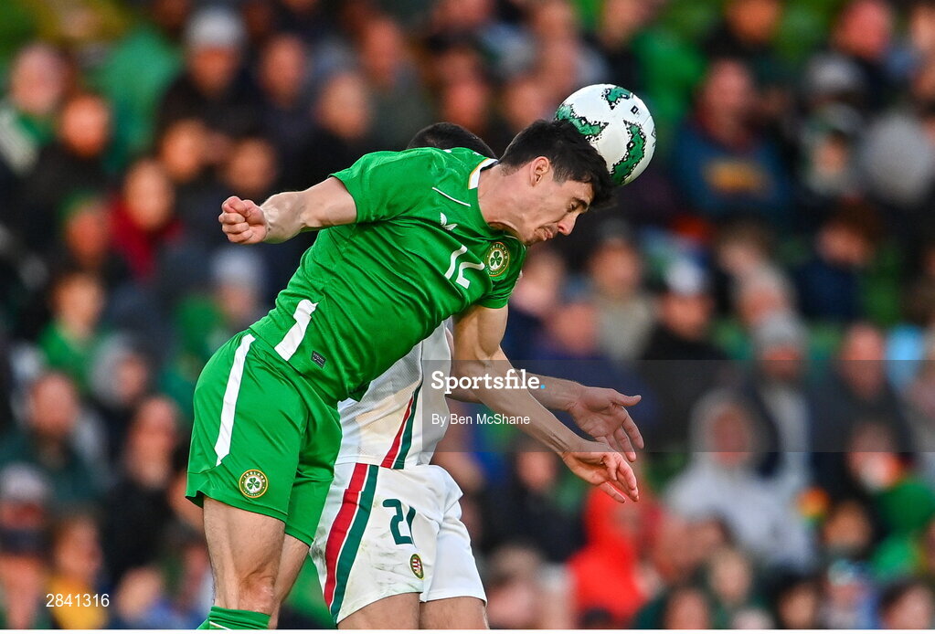 4 June 2024; Callum O’Dowda of Republic of Ireland in action against Endre Botka of Hungary during the international friendly match between Republic of Ireland and Hungary at Aviva Stadium in Dublin. Photo by Ben McShane/Sportsfile