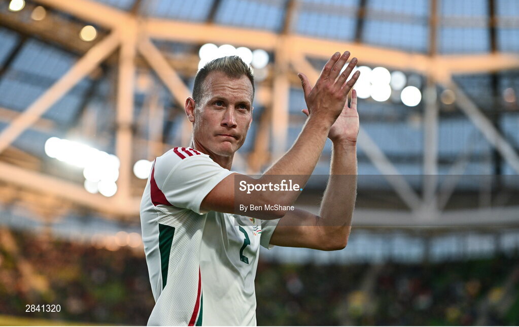 4 June 2024; Ádám Lang of Hungary acknowledges supporters as he leaves the pitch during the international friendly match between Republic of Ireland and Hungary at Aviva Stadium in Dublin. Photo by Ben McShane/Sportsfile