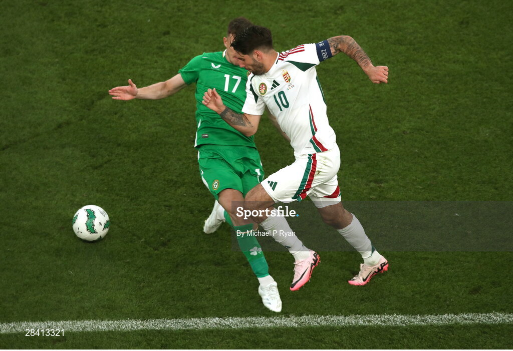 4 June 2024; Dominik Szoboszlai of Hungary in action against Jason Knight of Republic of Ireland during the international friendly match between Republic of Ireland and Hungary at Aviva Stadium in Dublin. Photo by Michael P Ryan/Sportsfile