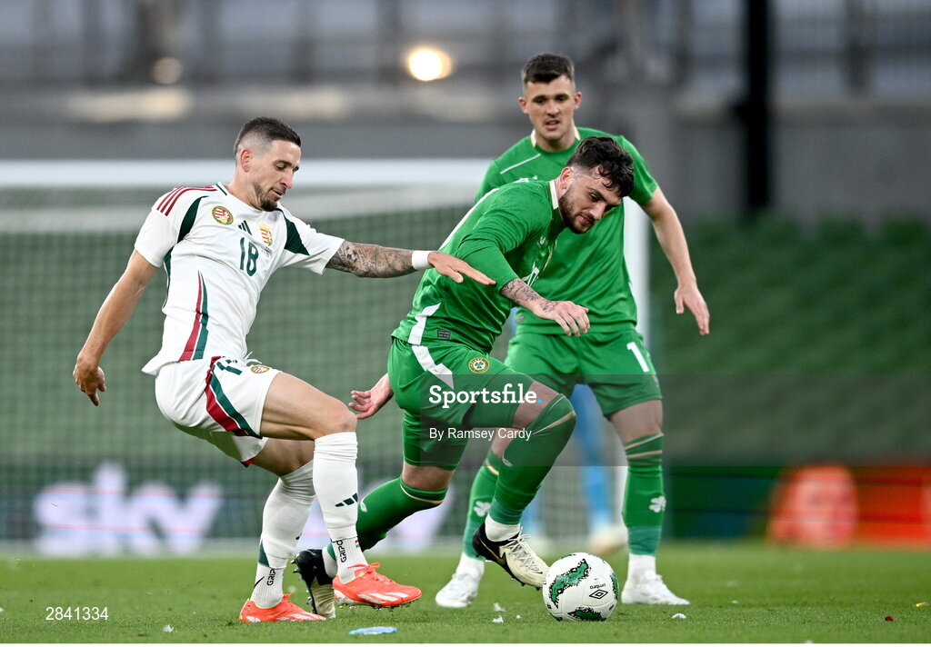 4 June 2024; Troy Parrott of Republic of Ireland in action against Zsolt Nagy of Hungary during the international friendly match between Republic of Ireland and Hungary at Aviva Stadium in Dublin. Photo by Ramsey Cardy/Sportsfile