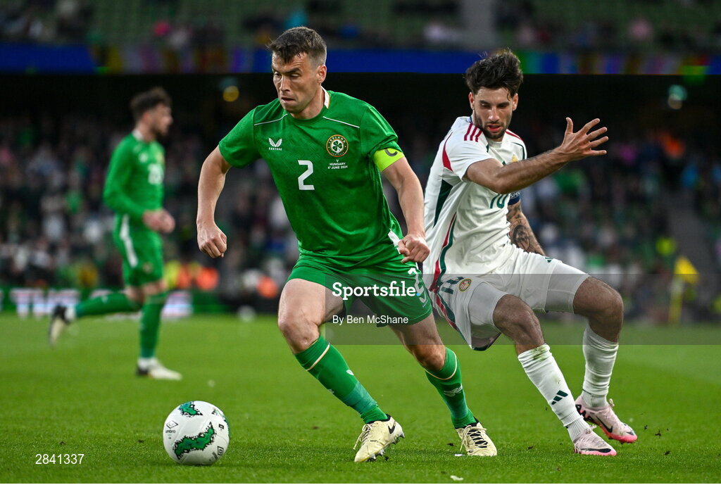 4 June 2024; Seamus Coleman of Republic of Ireland in action against Dominik Szoboszlai of Hungary during the international friendly match between Republic of Ireland and Hungary at Aviva Stadium in Dublin. Photo by Ben McShane/Sportsfile