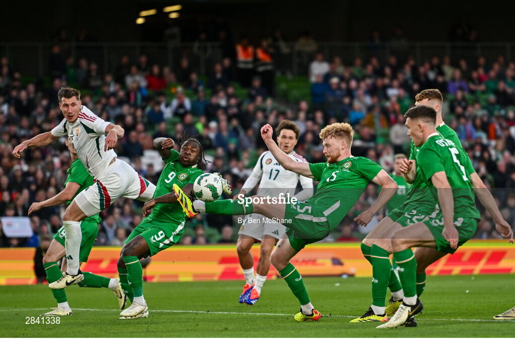 4 June 2024; Liam Scales of Republic of Ireland clears the ball during the international friendly match between Republic of Ireland and Hungary at Aviva Stadium in Dublin. Photo by Ben McShane/Sportsfile