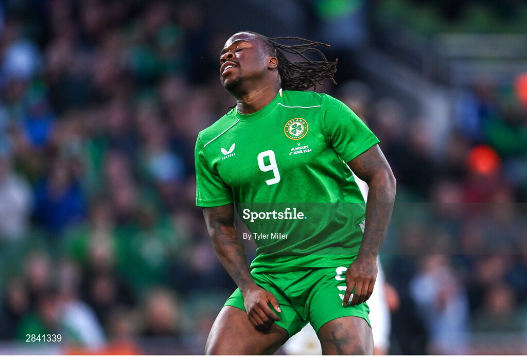 4 June 2024; Michael Obafemi of Republic of Ireland reacts after a missed opportunity on goal during the international friendly match between Republic of Ireland and Hungary at Aviva Stadium in Dublin. Photo by Tyler Miller/Sportsfile