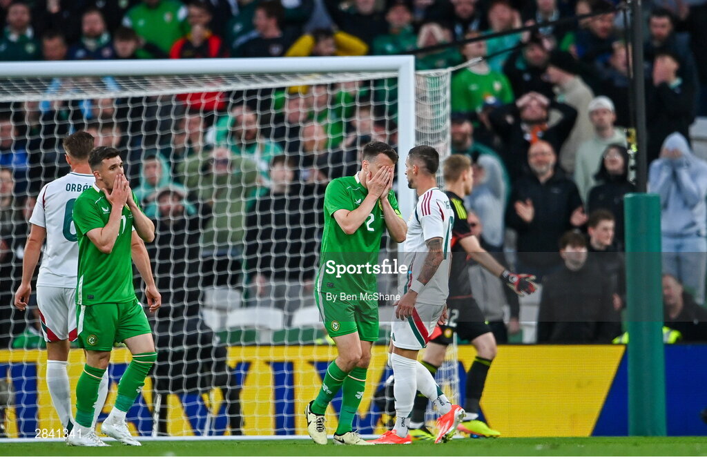 4 June 2024; Seamus Coleman of Republic of Ireland reacts to a missed shot on goal during the international friendly match between Republic of Ireland and Hungary at Aviva Stadium in Dublin. Photo by Ben McShane/Sportsfile