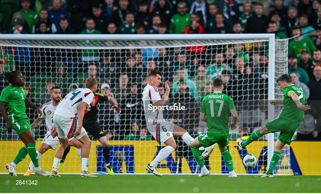 4 June 2024; Seamus Coleman of Republic of Ireland has a shot on goal during the international friendly match between Republic of Ireland and Hungary at Aviva Stadium in Dublin. Photo by Ben McShane/Sportsfile