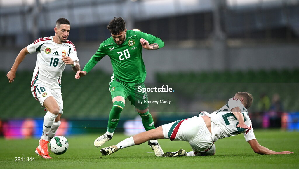 4 June 2024; Troy Parrott of Republic of Ireland in action against Márton Dárdai of Hungary during the international friendly match between Republic of Ireland and Hungary at Aviva Stadium in Dublin. Photo by Ramsey Cardy/Sportsfile