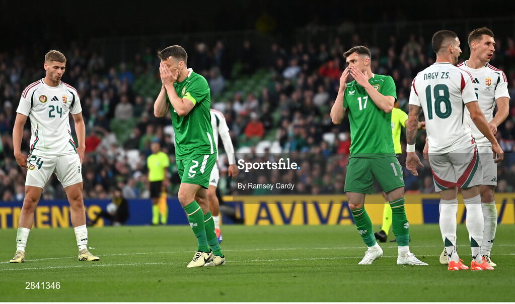 4 June 2024; Seamus Coleman, left, and Jason Knight of Republic of Ireland react after a missed shot on goal during the international friendly match between Republic of Ireland and Hungary at Aviva Stadium in Dublin. Photo by Ramsey Cardy/Sportsfile