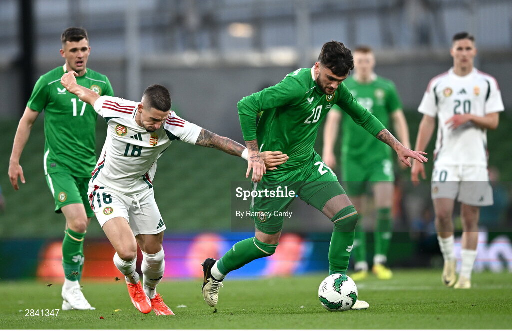 4 June 2024; Troy Parrott of Republic of Ireland in action against Zsolt Nagy of Hungary during the international friendly match between Republic of Ireland and Hungary at Aviva Stadium in Dublin. Photo by Ramsey Cardy/Sportsfile