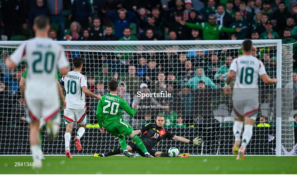 4 June 2024; Troy Parrott of Republic of Ireland shoots to score his side's second goal during the international friendly match between Republic of Ireland and Hungary at Aviva Stadium in Dublin. Photo by Ben McShane/Sportsfile