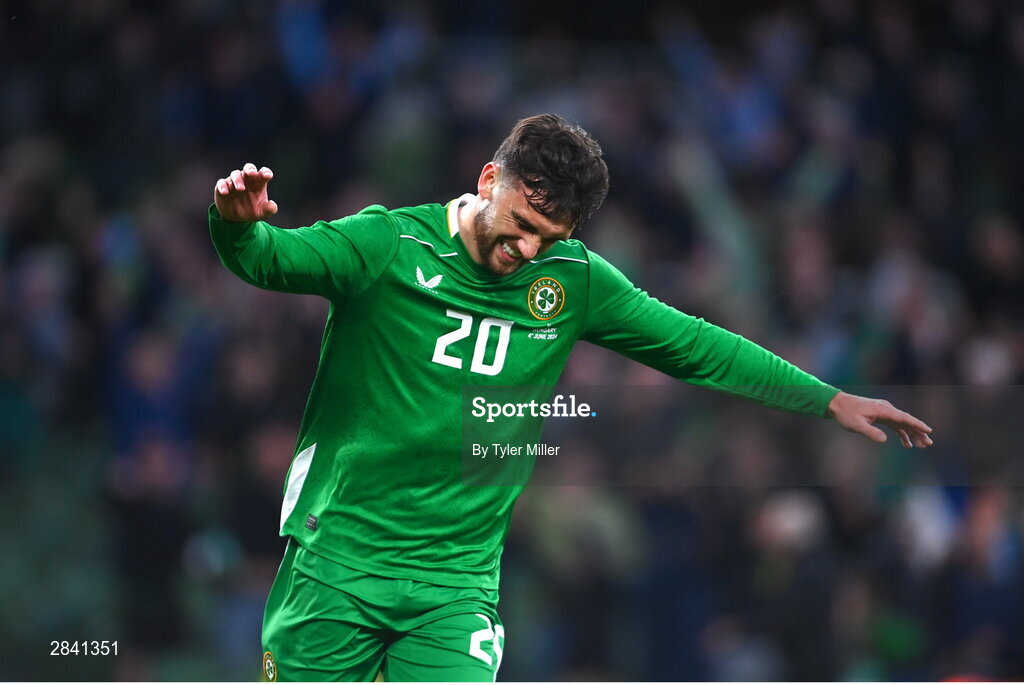 4 June 2024; Troy Parrott of Republic of Ireland celebrates after scoring his side's second goal during the international friendly match between Republic of Ireland and Hungary at Aviva Stadium in Dublin. Photo by Tyler Miller/Sportsfile