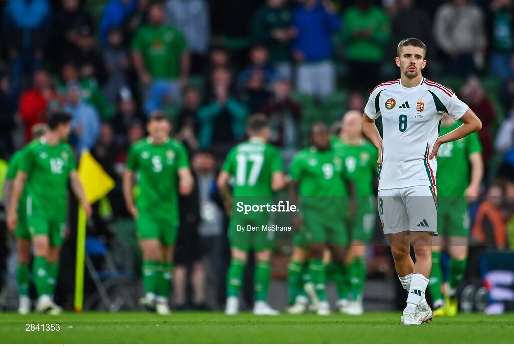 4 June 2024; Ádám Nagy of Hungary reacts after Troy Parrott of Republic of Ireland scores his side's second goal during the international friendly match between Republic of Ireland and Hungary at Aviva Stadium in Dublin. Photo by Ben McShane/Sportsfile