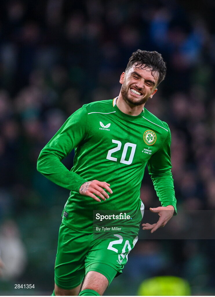 4 June 2024; Troy Parrott of Republic of Ireland celebrates after scoring his side's second goal during the international friendly match between Republic of Ireland and Hungary at Aviva Stadium in Dublin. Photo by Tyler Miller/Sportsfile