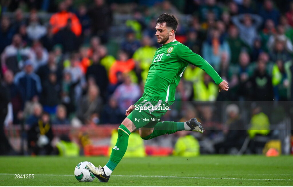 4 June 2024; Troy Parrott of Republic of Ireland shoots to score his side's second goal during the international friendly match between Republic of Ireland and Hungary at Aviva Stadium in Dublin. Photo by Tyler Miller/Sportsfile