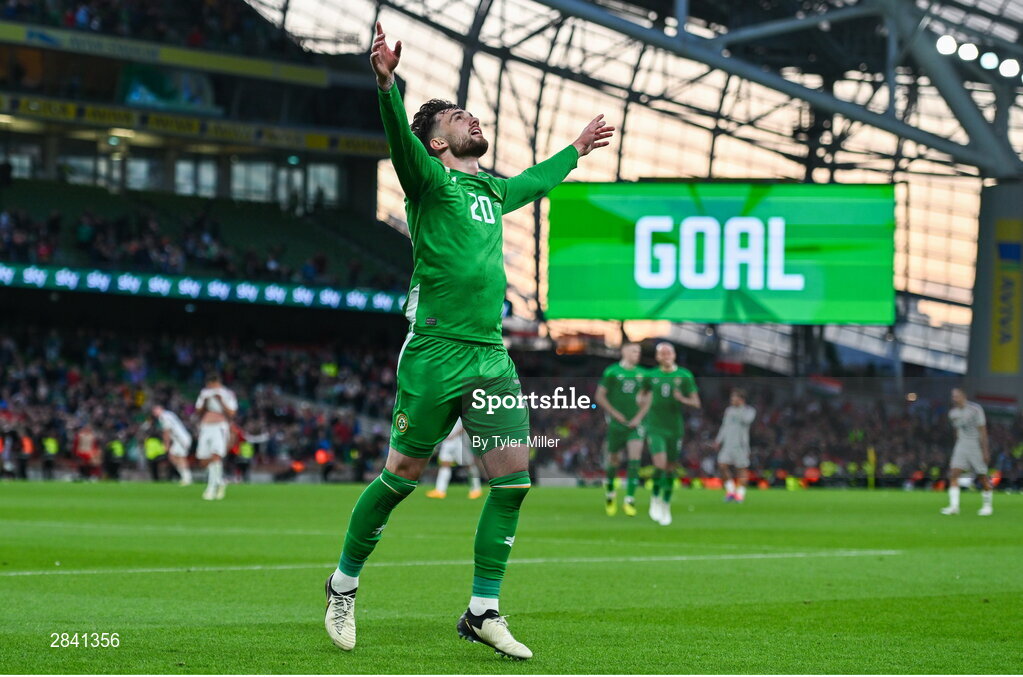 4 June 2024; Troy Parrott of Republic of Ireland celebrates after scoring his side's second goal during the international friendly match between Republic of Ireland and Hungary at Aviva Stadium in Dublin. Photo by Tyler Miller/Sportsfile