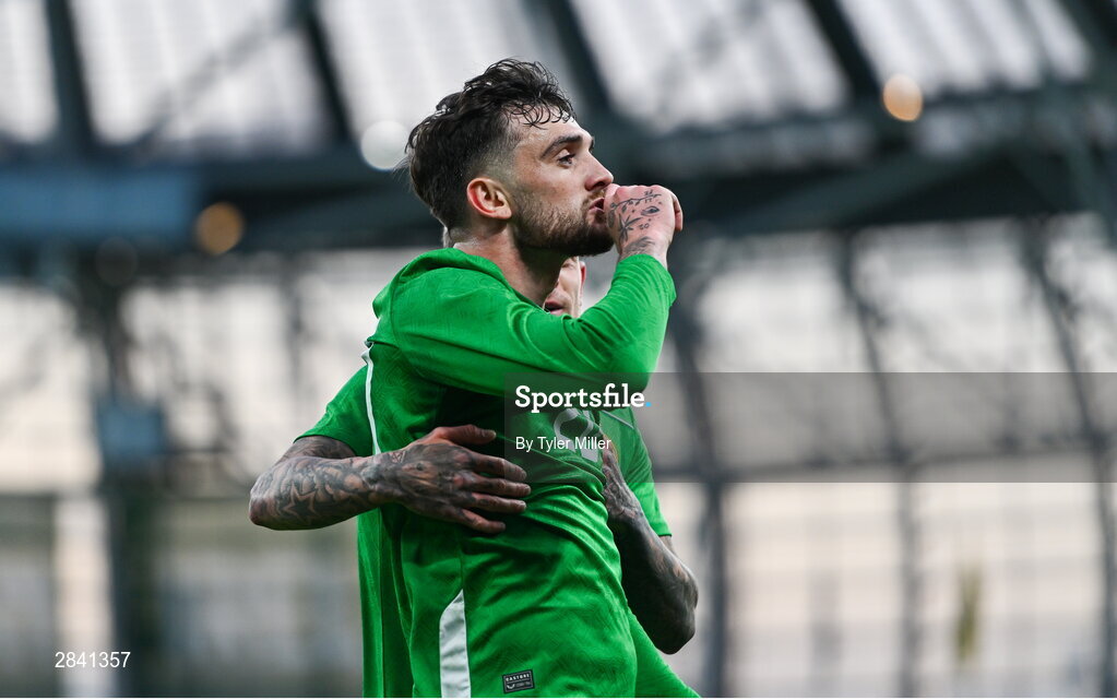 4 June 2024; Troy Parrott of Republic of Ireland celebrates after scoring his side's second goal during the international friendly match between Republic of Ireland and Hungary at Aviva Stadium in Dublin. Photo by Tyler Miller/Sportsfile