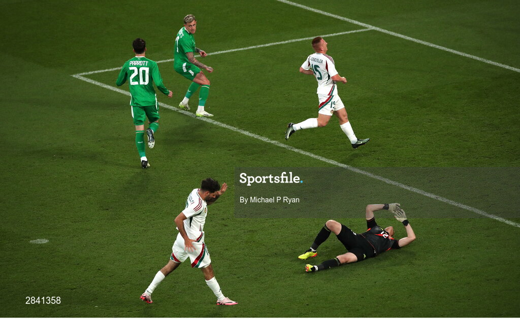 4 June 2024; Troy Parrott of Republic of Ireland celebrates after scoring his side's second goal during the international friendly match between Republic of Ireland and Hungary at Aviva Stadium in Dublin. Photo by Michael P Ryan/Sportsfile