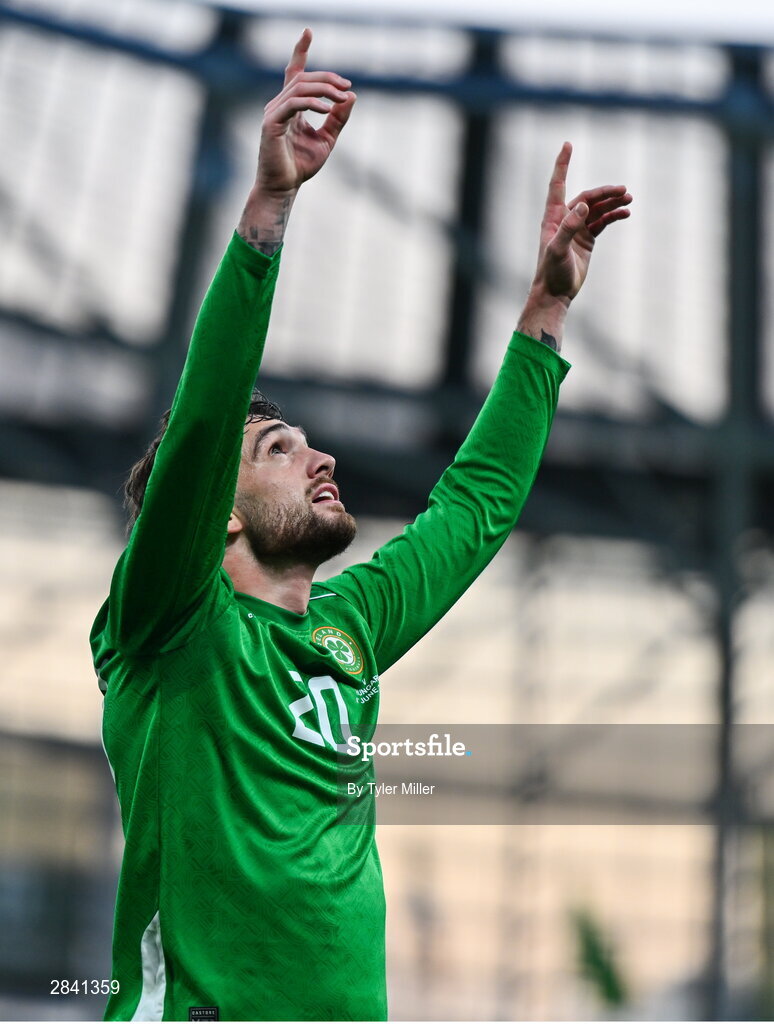 4 June 2024; Troy Parrott of Republic of Ireland celebrates after scoring his side's second goal during the international friendly match between Republic of Ireland and Hungary at Aviva Stadium in Dublin. Photo by Tyler Miller/Sportsfile