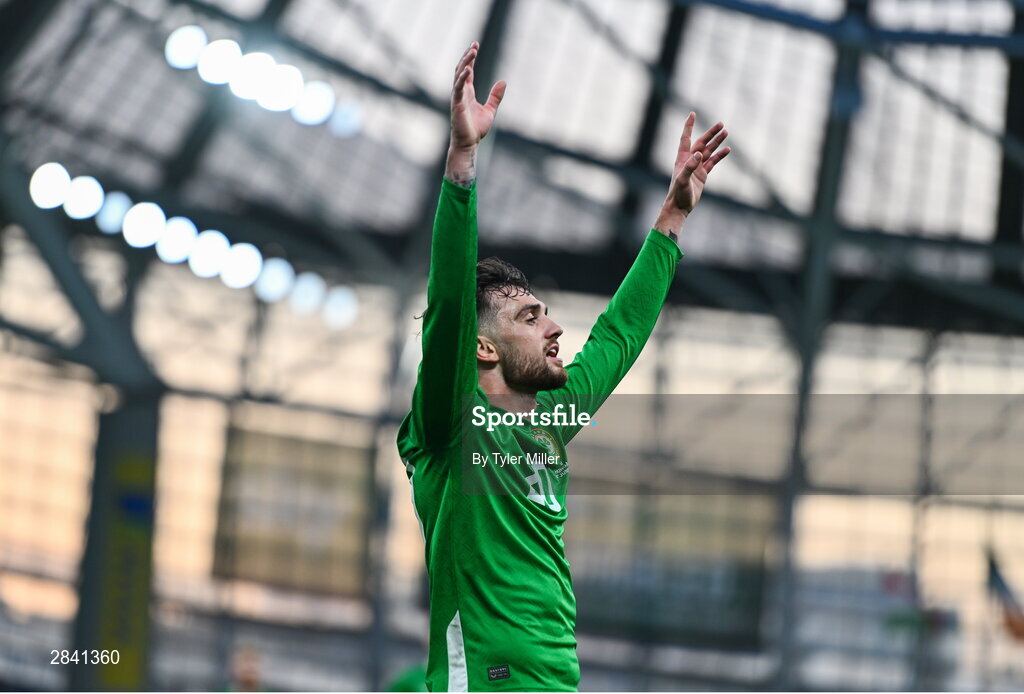 4 June 2024; Troy Parrott of Republic of Ireland celebrates after scoring his side's second goal during the international friendly match between Republic of Ireland and Hungary at Aviva Stadium in Dublin. Photo by Tyler Miller/Sportsfile