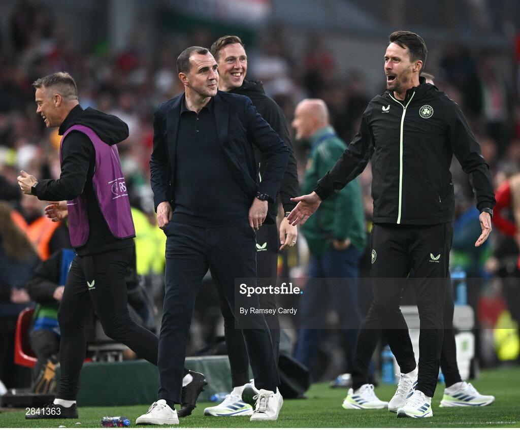 4 June 2024; Republic of Ireland interim head coach John O'Shea celebrates after his side's second goal during the international friendly match between Republic of Ireland and Hungary at Aviva Stadium in Dublin. Photo by Ramsey Cardy/Sportsfile