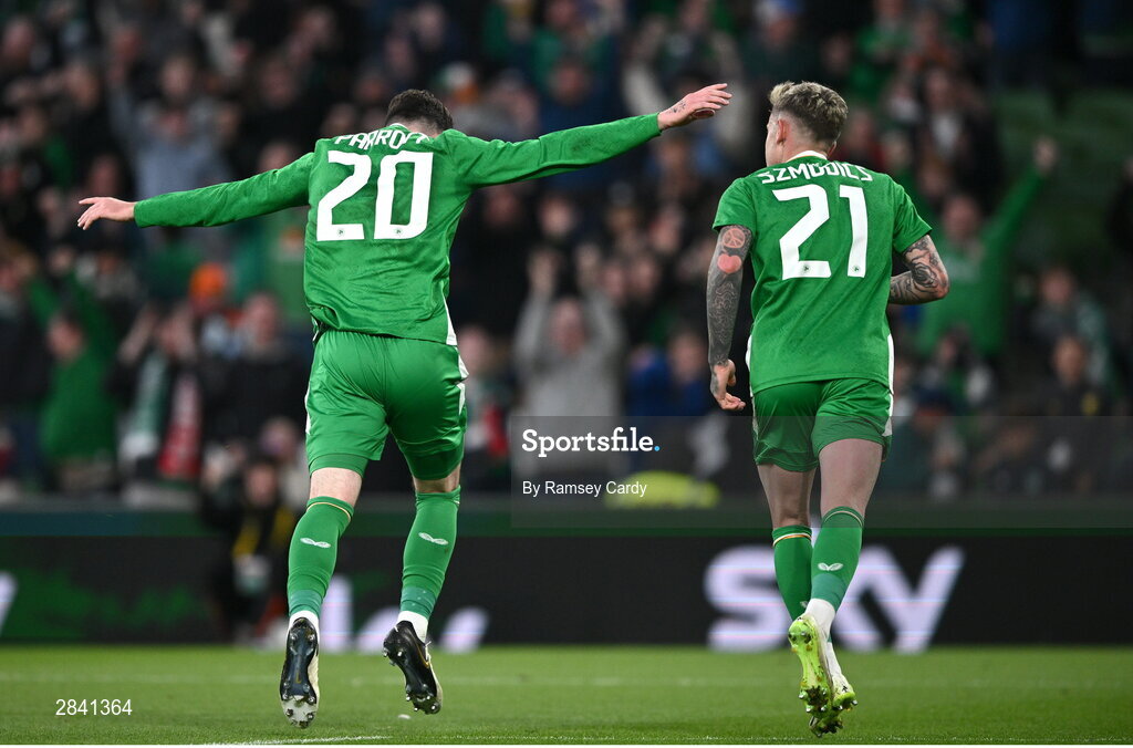 4 June 2024; Troy Parrott of Republic of Ireland, left, celebrates with teammate Sammie Szmodics after scoring his side's second goal during the international friendly match between Republic of Ireland and Hungary at Aviva Stadium in Dublin. Photo by Ramsey Cardy/Sportsfile