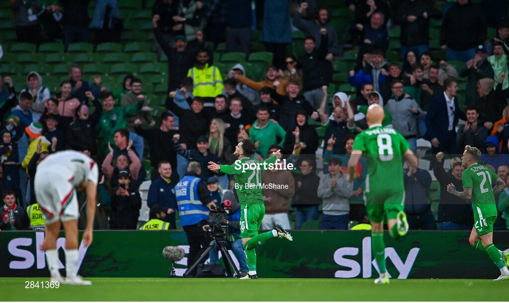 4 June 2024; Troy Parrott of Republic of Ireland celebrates after scoring his side's second goal during the international friendly match between Republic of Ireland and Hungary at Aviva Stadium in Dublin. Photo by Ben McShane/Sportsfile