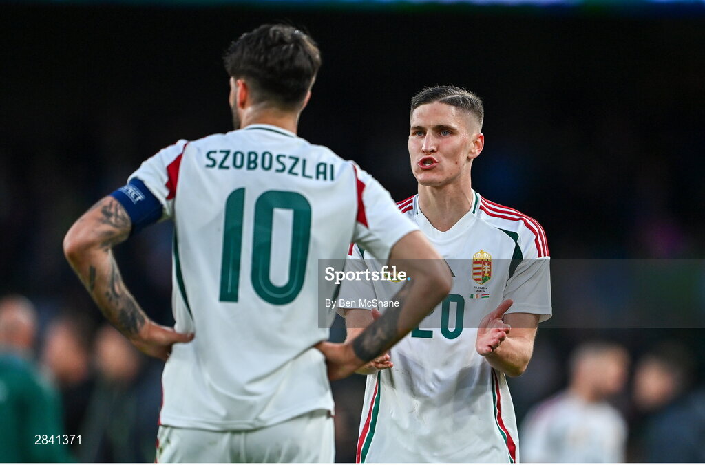 4 June 2024; Dominik Szoboszlai, left, and Roland Sallai of Hungary dejected after their side's defeat in the international friendly match between Republic of Ireland and Hungary at Aviva Stadium in Dublin. Photo by Ben McShane/Sportsfile