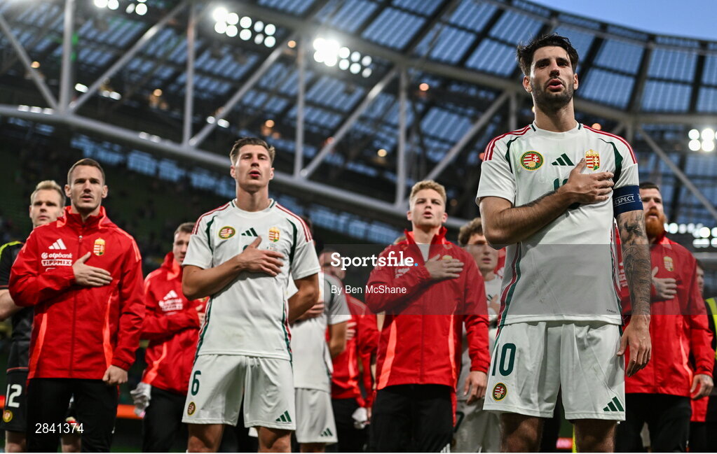 4 June 2024; Dominik Szoboszlai, right, and Willi Orbán of Hungary after their side's defeat in the international friendly match between Republic of Ireland and Hungary at Aviva Stadium in Dublin. Photo by Ben McShane/Sportsfile