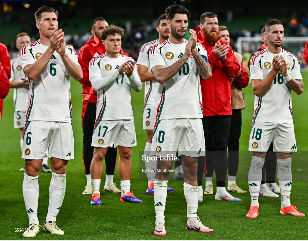 4 June 2024; Hungary players including Willi Orbán, Dominik Szoboszlai and Zsolt Nagy after their side's defeat in the international friendly match between Republic of Ireland and Hungary at Aviva Stadium in Dublin. Photo by Ben McShane/Sportsfile