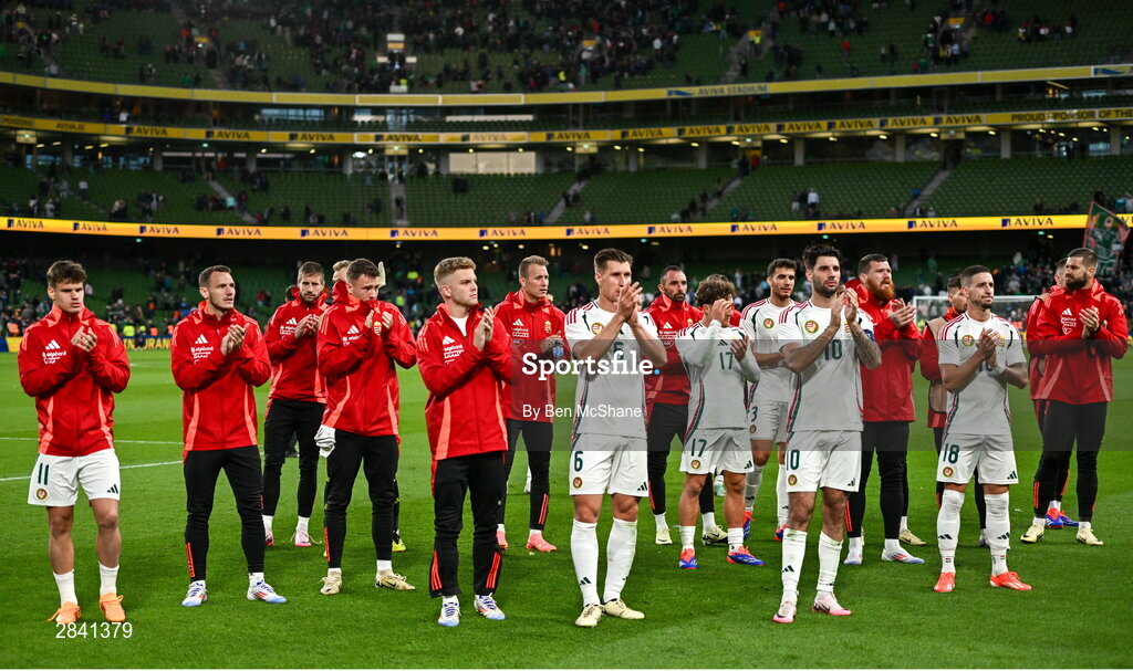 4 June 2024; Hungary players after their side's defeat in the international friendly match between Republic of Ireland and Hungary at Aviva Stadium in Dublin. Photo by Ben McShane/Sportsfile