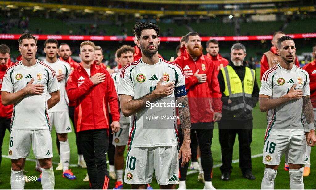 4 June 2024; Hungary players, including Dominik Szoboszlai, centre, after their side's defeat in the international friendly match between Republic of Ireland and Hungary at Aviva Stadium in Dublin. Photo by Ben McShane/Sportsfile