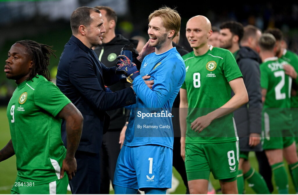 4 June 2024; Republic of Ireland interim head coach John O'Shea and Republic of Ireland goalkeeper Caoimhin Kelleher after their side's victory in the international friendly match between Republic of Ireland and Hungary at Aviva Stadium in Dublin. Photo by Ramsey Cardy/Sportsfile