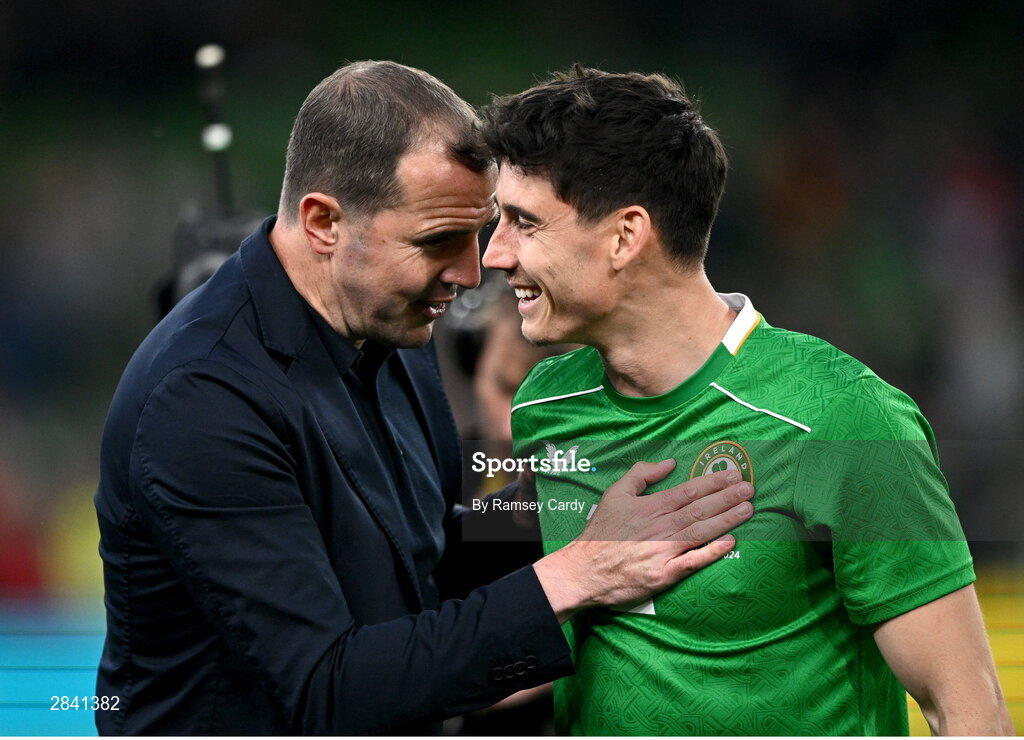 4 June 2024; Republic of Ireland interim head coach John O'Shea and Callum O’Dowda of Republic of Ireland after their side's victory in the international friendly match between Republic of Ireland and Hungary at Aviva Stadium in Dublin. Photo by Ramsey Cardy/Sportsfile