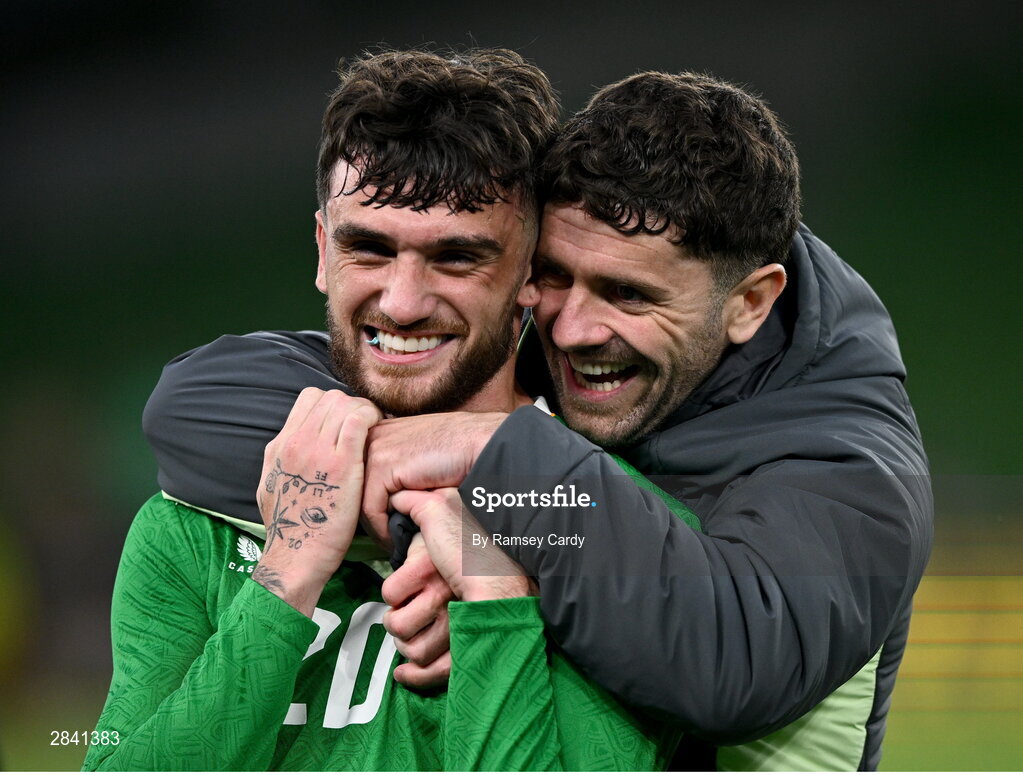 4 June 2024; Troy Parrott and Robbie Brady of Republic of Ireland after their side's victory in the international friendly match between Republic of Ireland and Hungary at Aviva Stadium in Dublin. Photo by Ramsey Cardy/Sportsfile