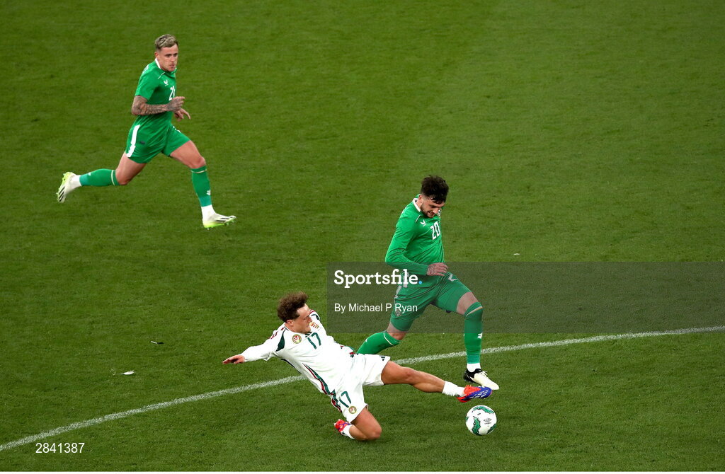 4 June 2024; Troy Parrott of Republic of Ireland is tackled by Callum Styles of Hungary during the international friendly match between Republic of Ireland and Hungary at Aviva Stadium in Dublin. Photo by Michael P Ryan/Sportsfile