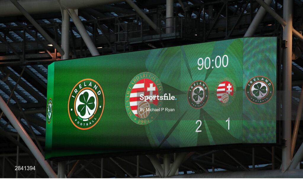 4 June 2024; The big screen displays the final score of the international friendly match between Republic of Ireland and Hungary at Aviva Stadium in Dublin. Photo by Michael P Ryan/Sportsfile