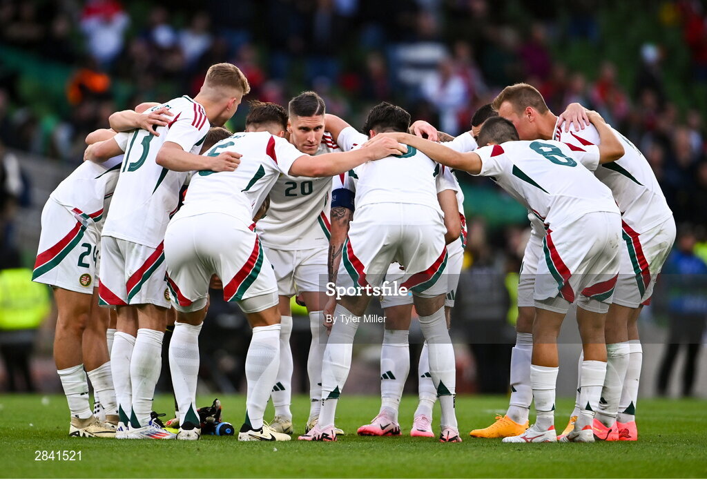 4 June 2024; The Hungary squad huddle before the start of the second-half during the international friendly match between Republic of Ireland and Hungary at Aviva Stadium in Dublin. Photo by Tyler Miller/Sportsfile