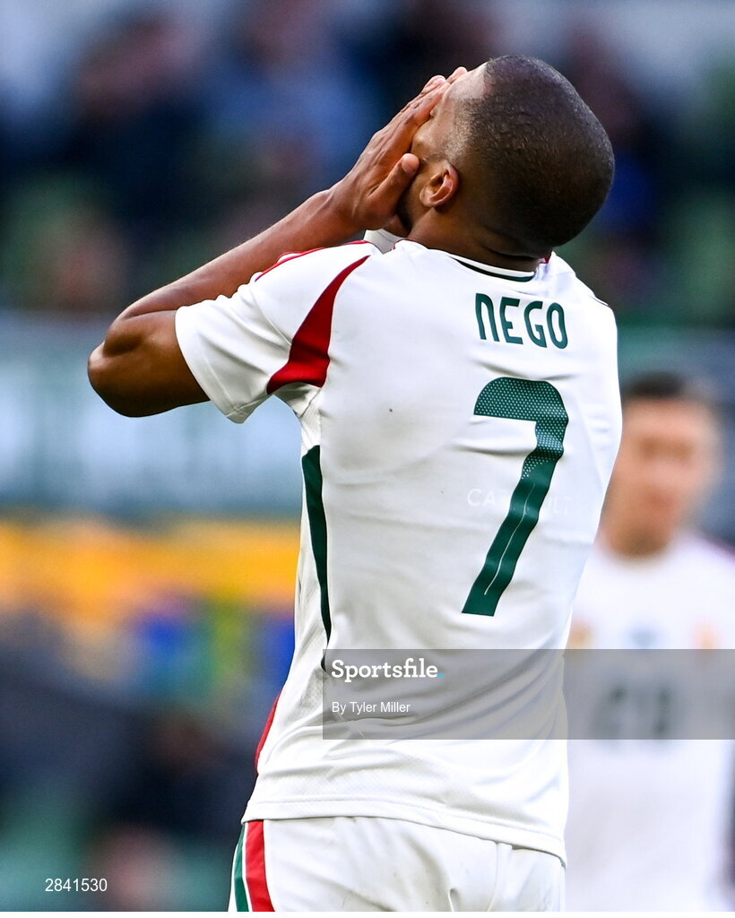 4 June 2024; Loïc Négo of Hungary reacts during the international friendly match between Republic of Ireland and Hungary at Aviva Stadium in Dublin. Photo by Tyler Miller/Sportsfile