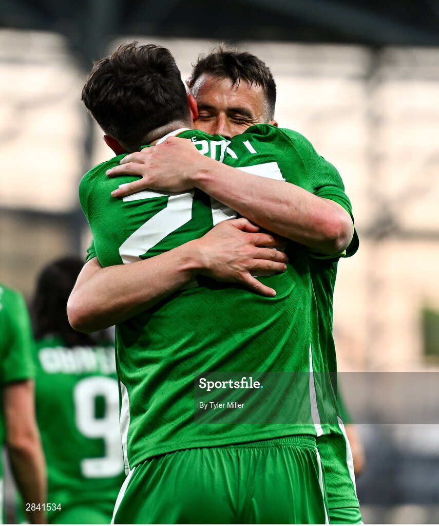 4 June 2024; Troy Parrott of Republic of Ireland, left, celebrates with teammate Seamus Coleman after scoring their side's second goal during the international friendly match between Republic of Ireland and Hungary at Aviva Stadium in Dublin. Photo by Tyler Miller/Sportsfile