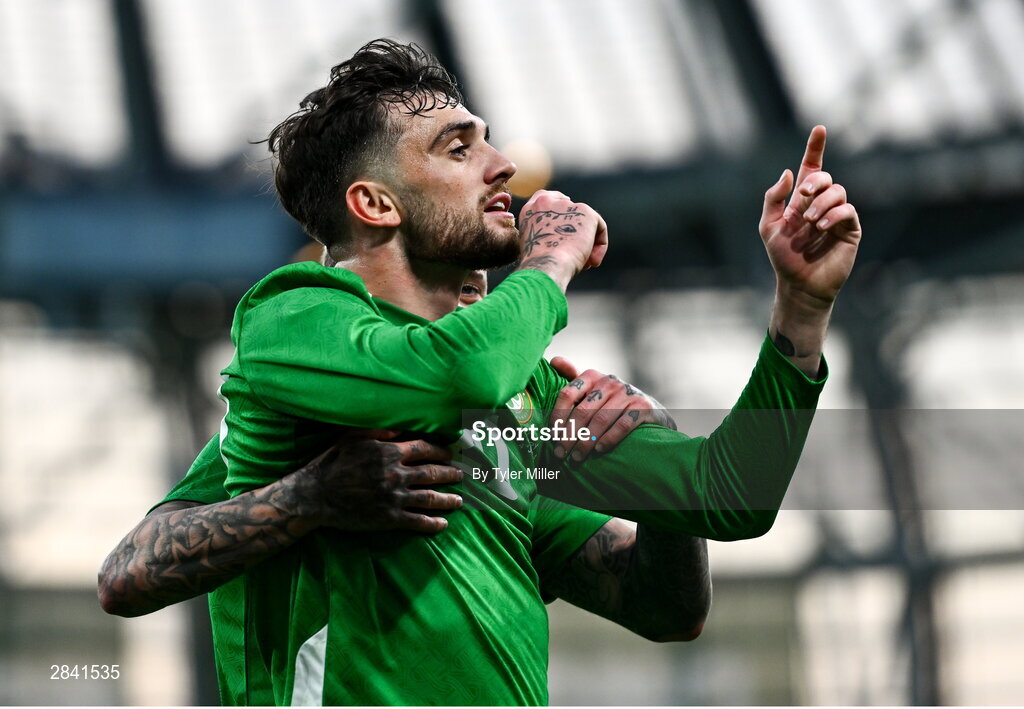 4 June 2024; Troy Parrott of Republic of Ireland celebrates after scoring his side's second goal during the international friendly match between Republic of Ireland and Hungary at Aviva Stadium in Dublin. Photo by Tyler Miller/Sportsfile