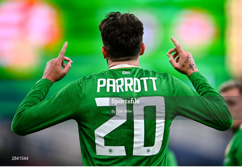 4 June 2024; Troy Parrott of Republic of Ireland celebrates after scoring his side's second goal during the international friendly match between Republic of Ireland and Hungary at Aviva Stadium in Dublin. Photo by Tyler Miller/Sportsfile