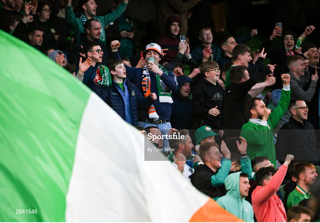 4 June 2024; Republic of Ireland supporters celebrate after their side's victory in the international friendly match between Republic of Ireland and Hungary at Aviva Stadium in Dublin. Photo by Tyler Miller/Sportsfile