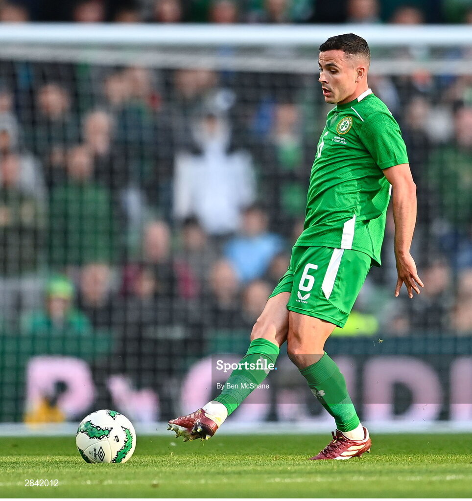 4 June 2024; Josh Cullen of Republic of Ireland during the international friendly match between Republic of Ireland and Hungary at Aviva Stadium in Dublin. Photo by Ben McShane/Sportsfile